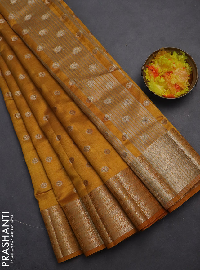 Semi raw silk saree mustard yellow with allover zari woven 1000 buttas and zari woven border