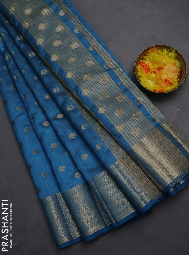 Semi raw silk saree cs blue with allover zari woven 1000 buttas and zari woven border