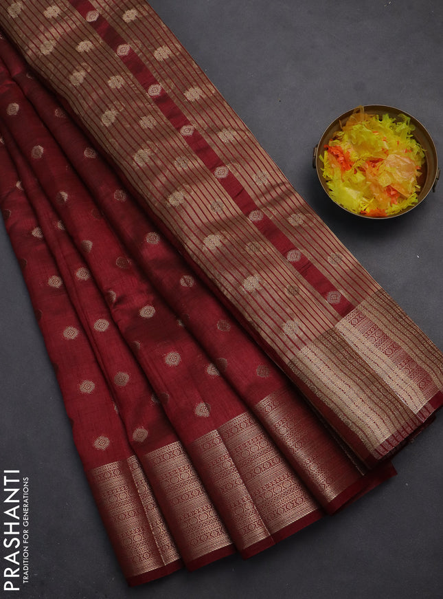 Semi raw silk saree maroon with allover zari woven 1000 buttas and zari woven border