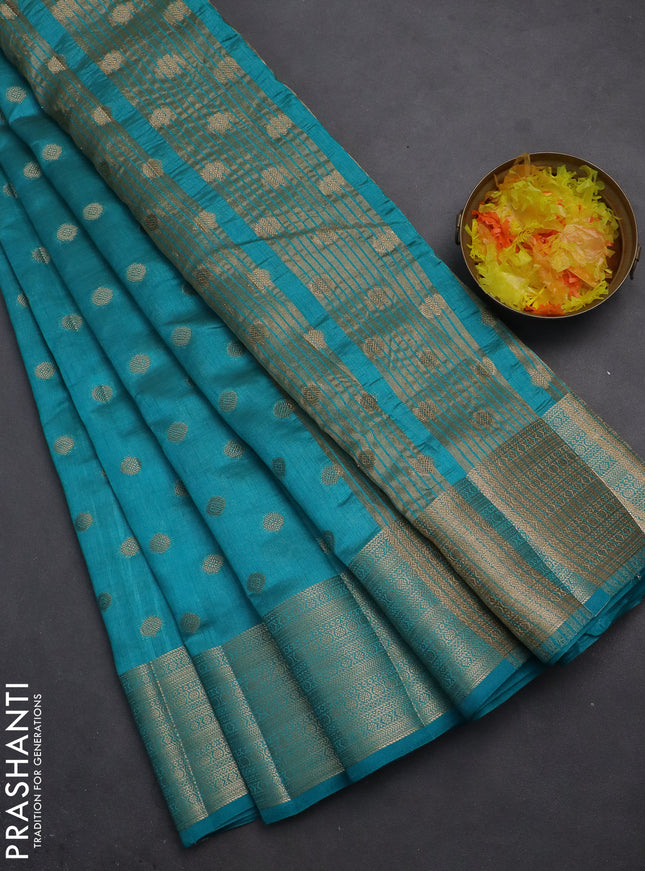 Semi raw silk saree teal blue with allover zari woven 1000 buttas and zari woven border