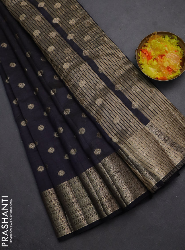 Semi raw silk saree dark navy blue with allover zari woven 1000 buttas and zari woven border