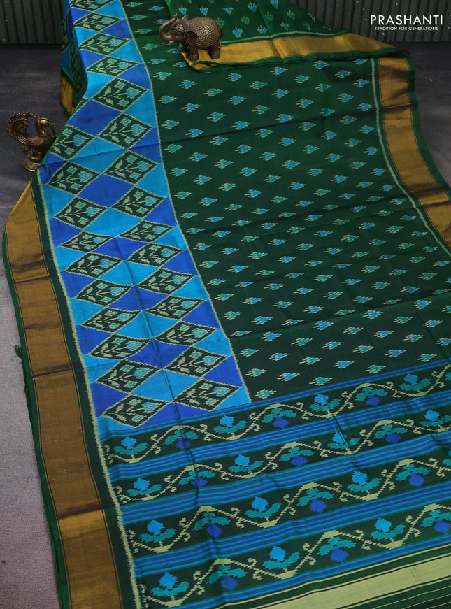 Rajkot patola silk saree green with allover ikat butta weaves and zari woven border