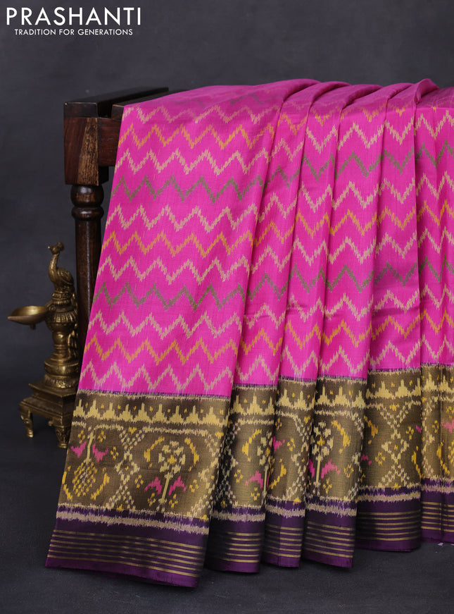 Rajkot patola silk saree pink and deep purple with allover ikat weaves and long zari woven border