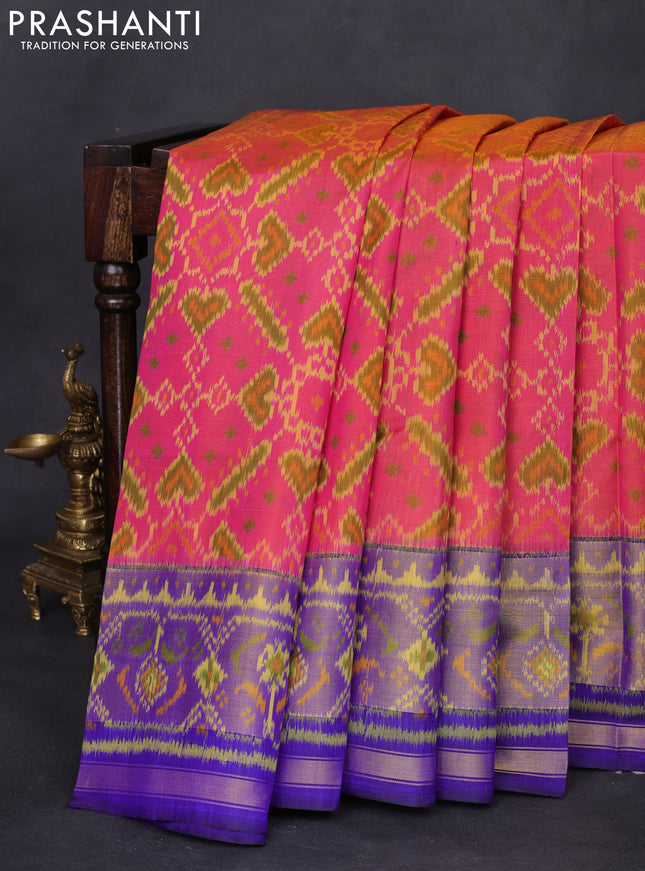 Rajkot patola silk saree pink and blue with allover ikat weaves and long zari woven border