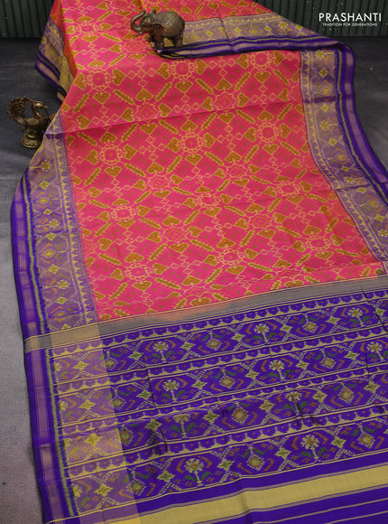 Rajkot patola silk saree pink and blue with allover ikat weaves and long zari woven border