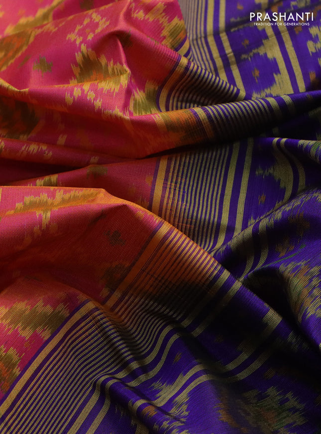 Rajkot patola silk saree pink and blue with allover ikat weaves and long zari woven border