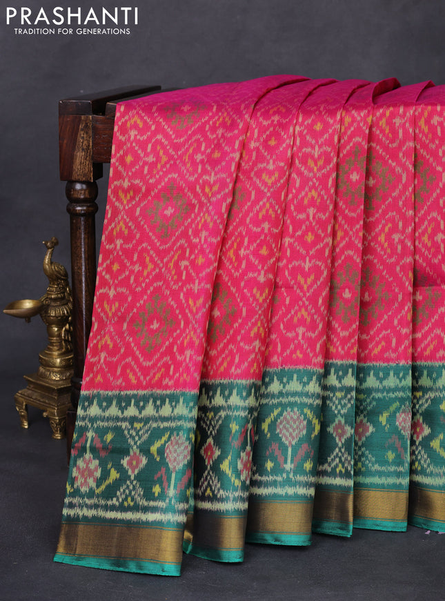 Rajkot patola silk saree pink and green with allover ikat weaves and zari woven border