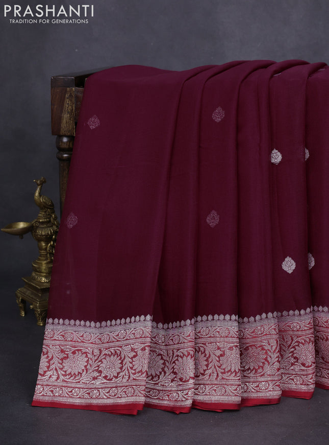 Banarasi chiffon silk saree wine shade and maroon with silver zari woven buttas and floral silver zari woven border