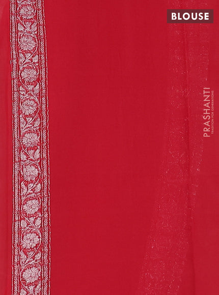 Banarasi chiffon silk saree pastel peach and red with silver zari woven buttas and silver zari woven border