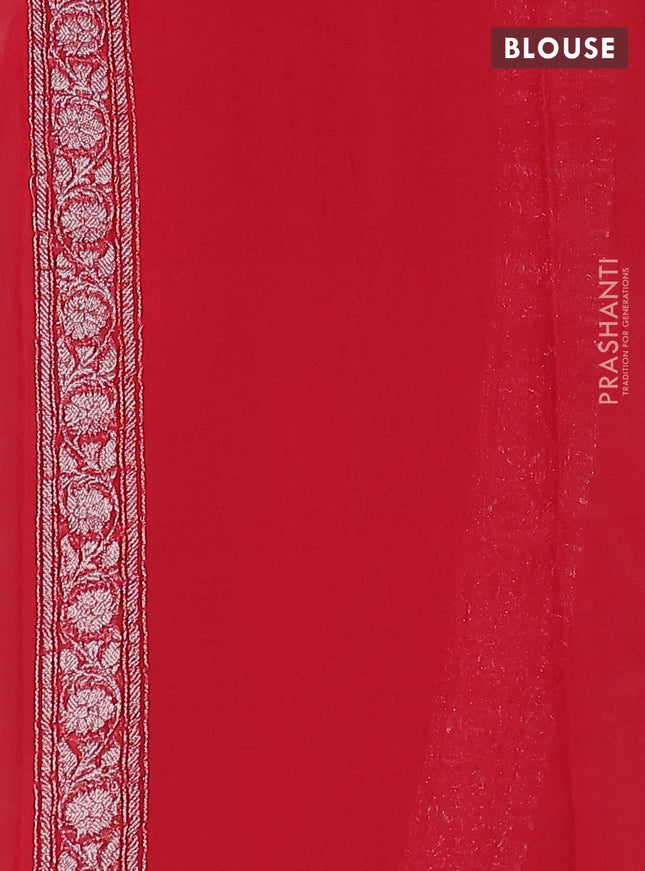 Banarasi chiffon silk saree pastel peach and red with silver zari woven buttas and silver zari woven border