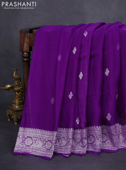 Banarasi chiffon silk saree purple with silver zari woven buttas and floral silver zari woven border