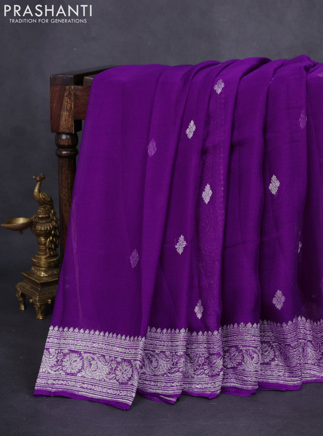 Banarasi chiffon silk saree purple with silver zari woven buttas and floral silver zari woven border