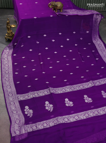Banarasi chiffon silk saree purple with silver zari woven buttas and floral silver zari woven border