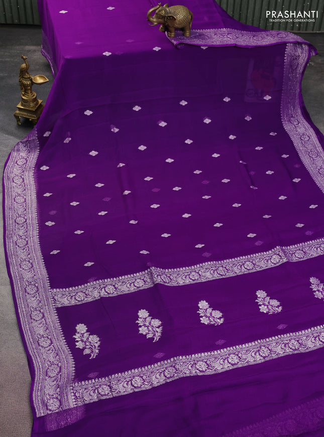 Banarasi chiffon silk saree purple with silver zari woven buttas and floral silver zari woven border