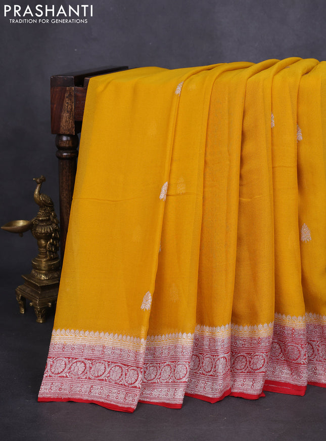 Banarasi chiffon silk saree mustard yellow and red with silver zari woven buttas and floral silver zari woven border