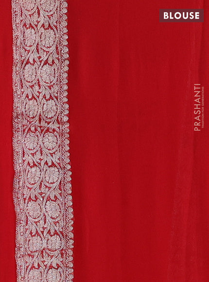 Banarasi chiffon silk saree mustard yellow and red with silver zari woven buttas and floral silver zari woven border
