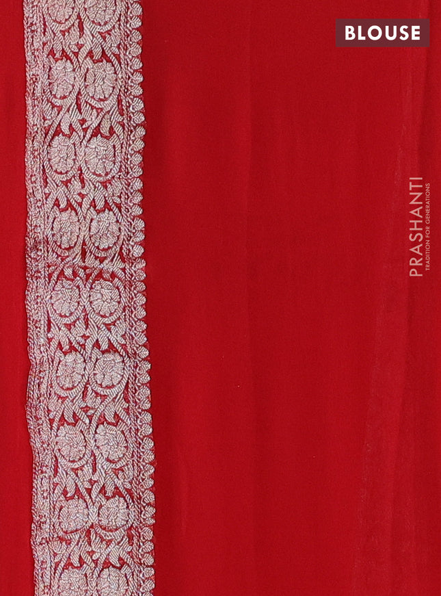 Banarasi chiffon silk saree mustard yellow and red with silver zari woven buttas and floral silver zari woven border