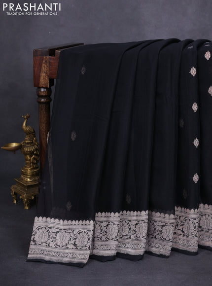 Banarasi chiffon silk saree black with silver zari woven buttas and floral silver zari woven border