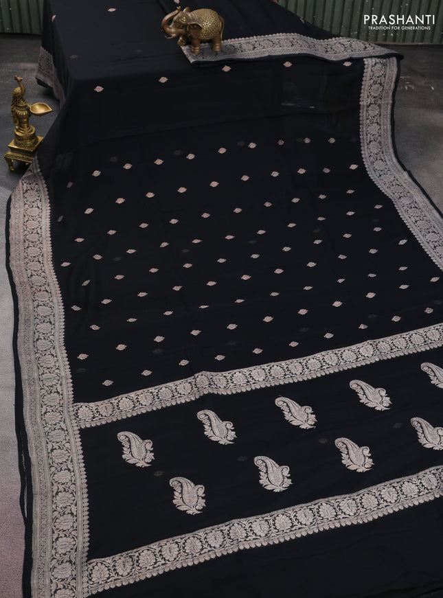Banarasi chiffon silk saree black with silver zari woven buttas and floral silver zari woven border