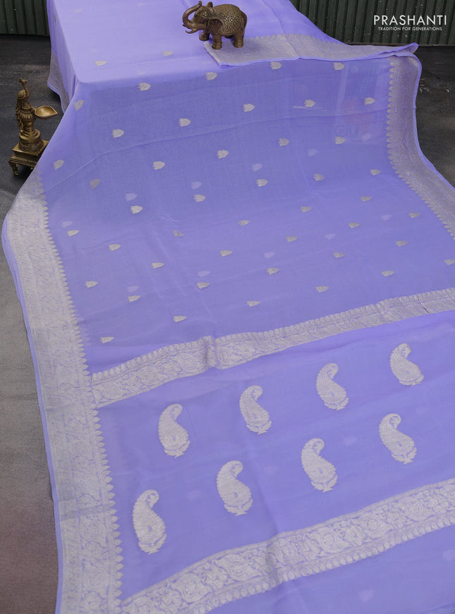 Banarasi chiffon silk saree lavender shade with silver zari woven buttas and silver zari woven border