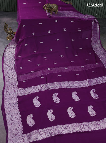 Banarasi chiffon silk saree purple with silver zari woven buttas and floral silver zari woven border