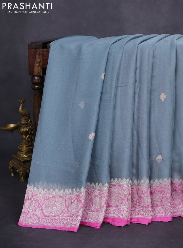 Banarasi chiffon silk saree grey and light pink with silver zari woven buttas and floral silver zari woven border