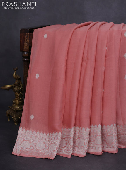 Banarasi chiffon silk saree pastel peach with silver zari woven buttas and floral silver zari woven border