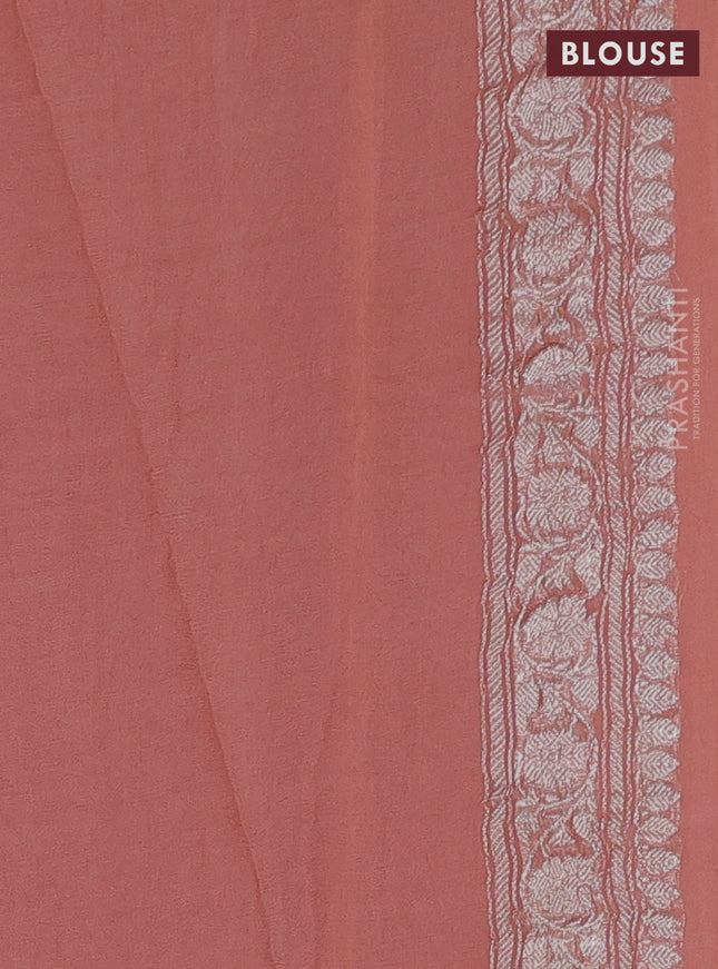 Banarasi chiffon silk saree pastel peach with silver zari woven buttas and floral silver zari woven border