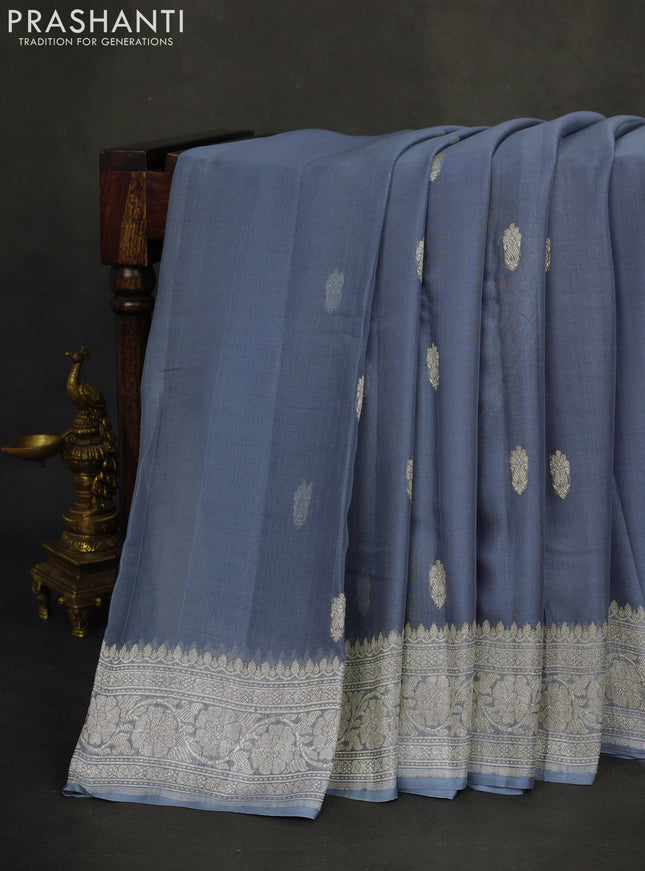 Banarasi chiffon silk saree grey with silver zari woven buttas and floral silver zari woven border
