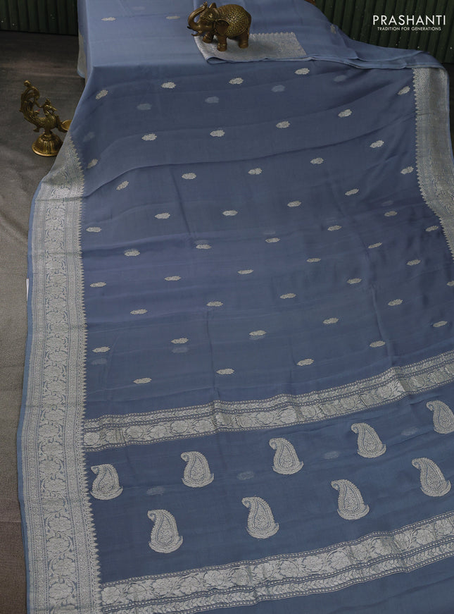 Banarasi chiffon silk saree grey with silver zari woven buttas and floral silver zari woven border