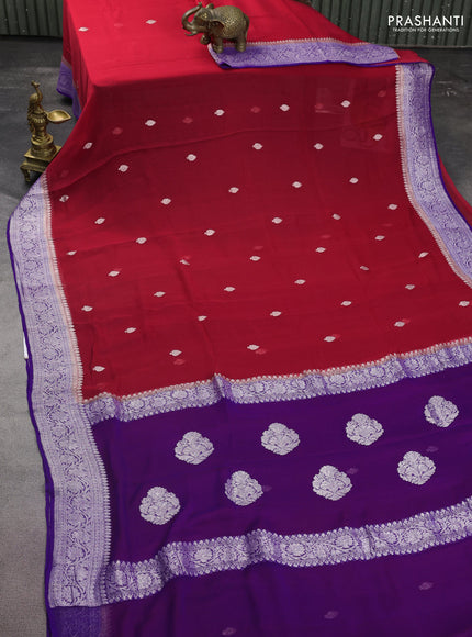 Banarasi chiffon silk saree red and violet with silver zari woven buttas and floral silver zari woven border