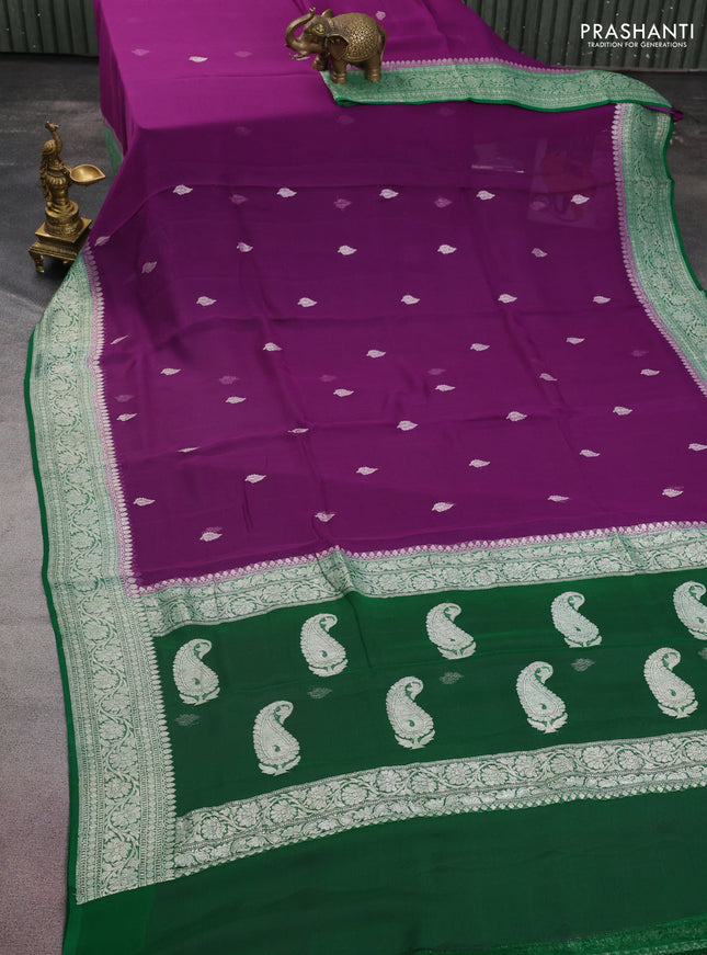 Banarasi chiffon silk saree purple and green with silver zari woven buttas and floral silver zari woven border