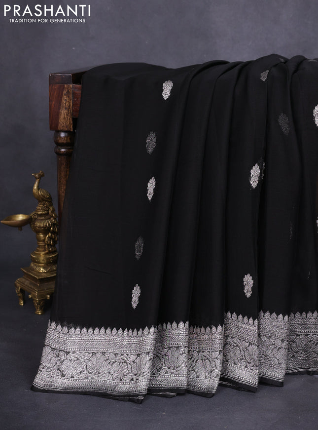Banarasi chiffon silk saree black with silver zari woven buttas and floral silver zari woven border