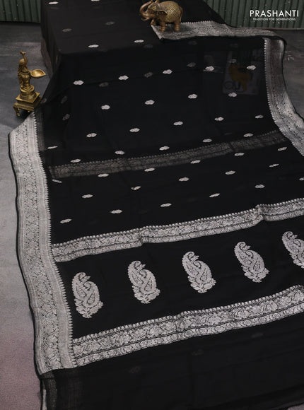 Banarasi chiffon silk saree black with silver zari woven buttas and floral silver zari woven border
