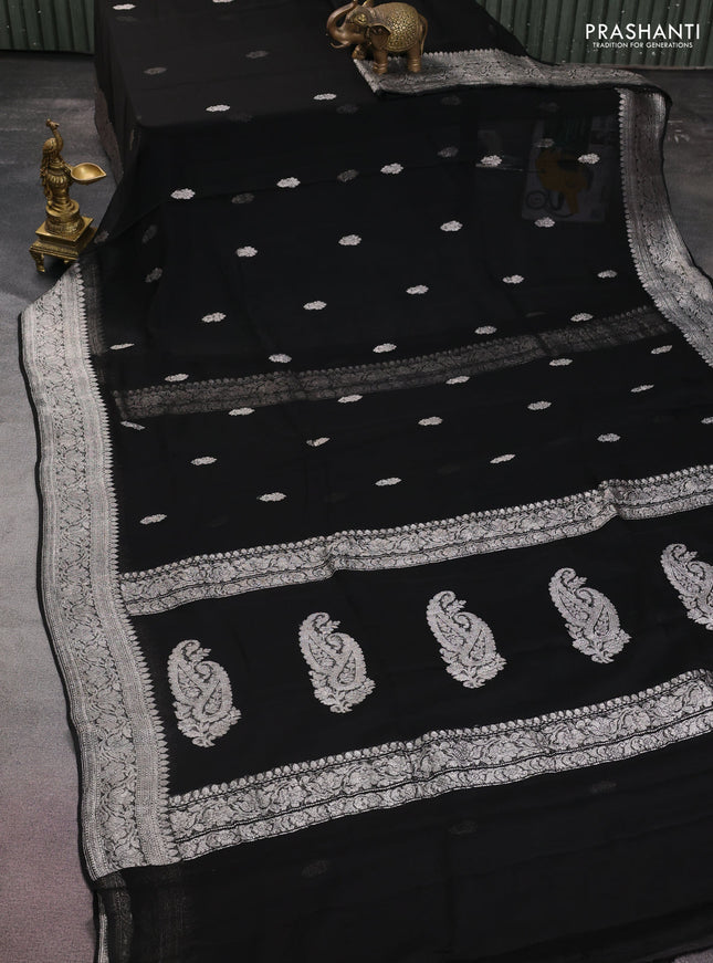 Banarasi chiffon silk saree black with silver zari woven buttas and floral silver zari woven border