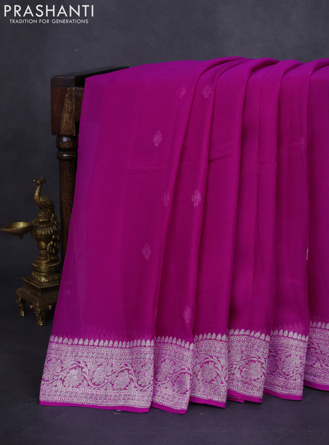 Banarasi chiffon silk saree magenta pink with silver zari woven buttas and floral silver zari woven border