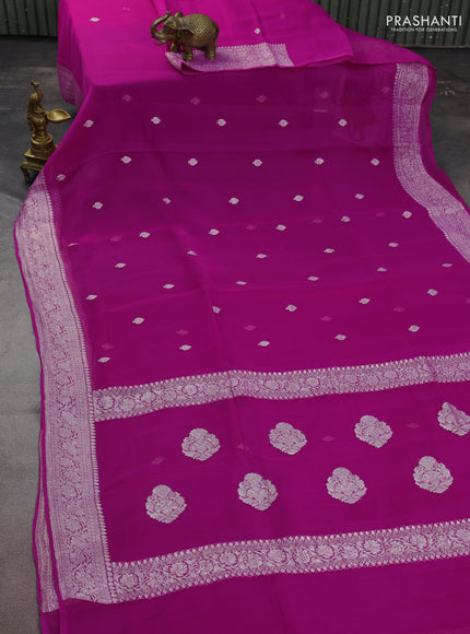 Banarasi chiffon silk saree magenta pink with silver zari woven buttas and floral silver zari woven border