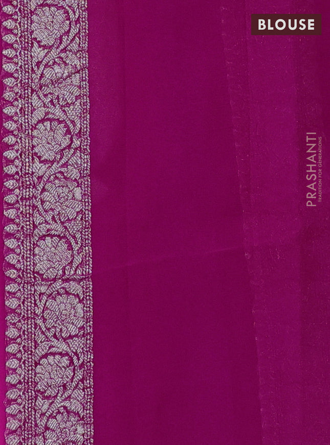 Banarasi chiffon silk saree magenta pink with silver zari woven buttas and floral silver zari woven border