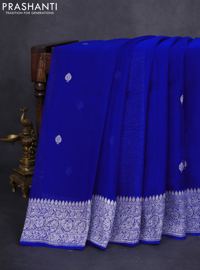 Banarasi chiffon silk saree royal blue with silver zari woven buttas and floral silver zari woven border