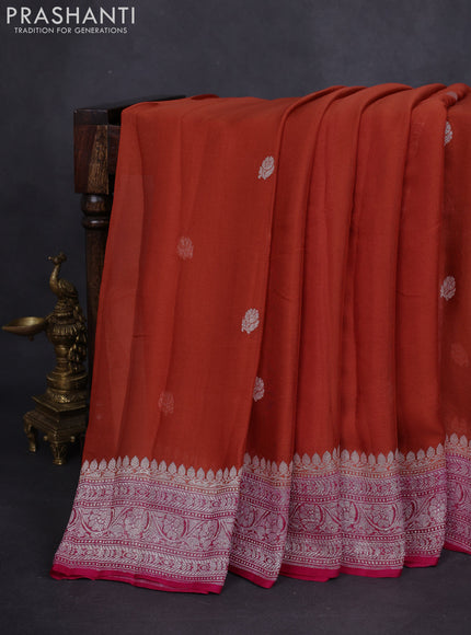 Banarasi chiffon silk saree rust shade and magenta pink with silver zari woven buttas and floral silver zari woven border