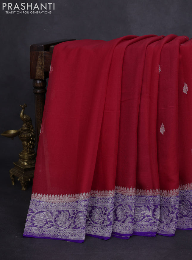 Banarasi chiffon silk saree tomato red and violet with silver zari woven buttas and floral silver zari woven border