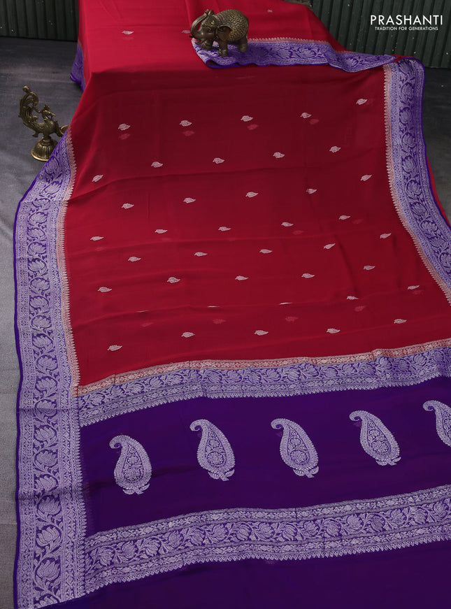 Banarasi chiffon silk saree tomato red and violet with silver zari woven buttas and floral silver zari woven border