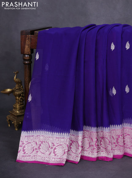 Banarasi chiffon silk saree blue and purple with silver zari woven buttas and floral silver zari woven border