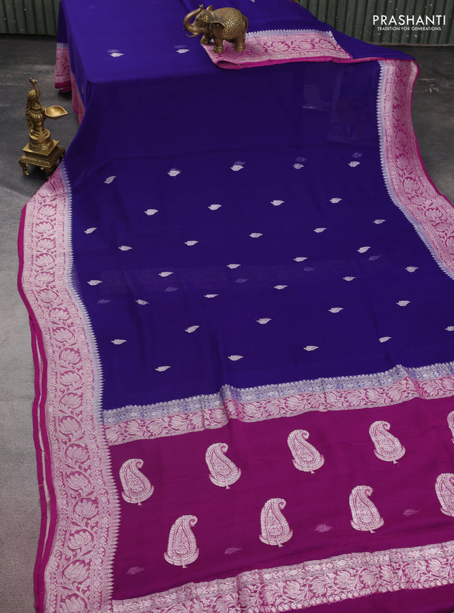 Banarasi chiffon silk saree blue and purple with silver zari woven buttas and floral silver zari woven border