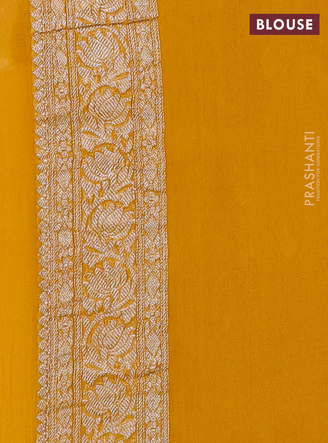 Banarasi chiffon silk saree mustard yellow with silver zari woven buttas and floral silver zari woven border