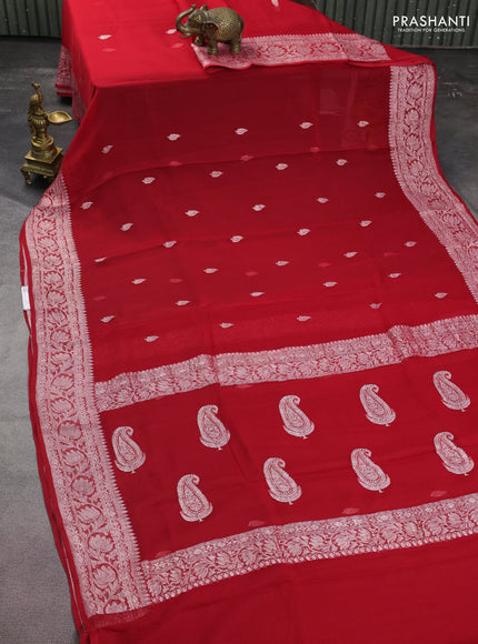 Banarasi chiffon silk saree red with silver zari woven buttas and floral silver zari woven border