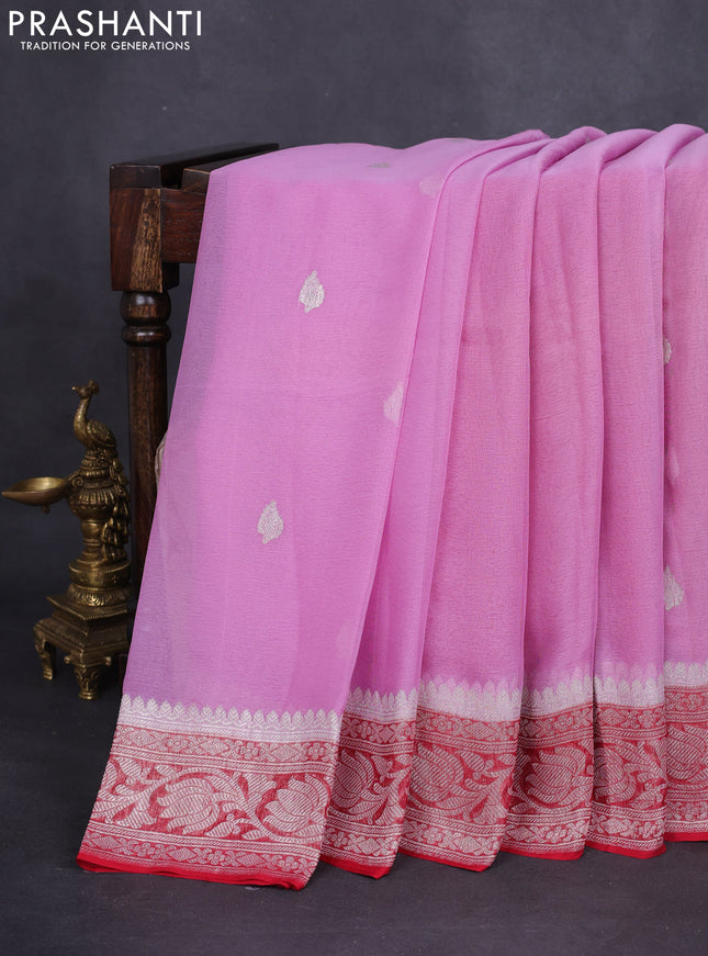 Banarasi chiffon silk saree lotus pink and red with silver zari woven buttas and floral silver zari woven border