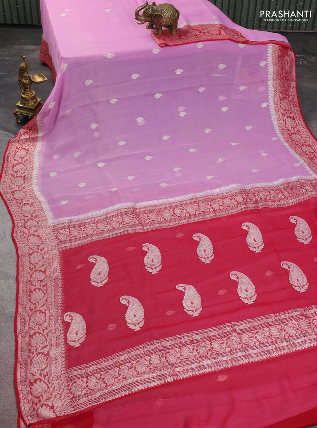 Banarasi chiffon silk saree lotus pink and red with silver zari woven buttas and floral silver zari woven border