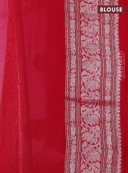 Banarasi chiffon silk saree lotus pink and red with silver zari woven buttas and floral silver zari woven border