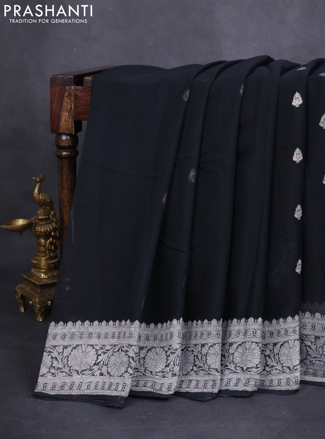 Banarasi chiffon silk saree black with silver zari woven buttas and floral silver zari woven border
